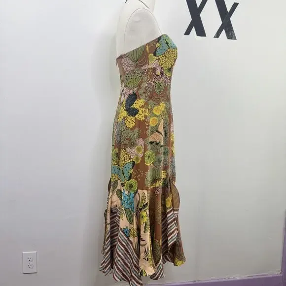 Vintage Y2K Nanette Lepore 100% Silk Floral Strapless Dress Ruffle Fairy 2 - Picture 3 of 9